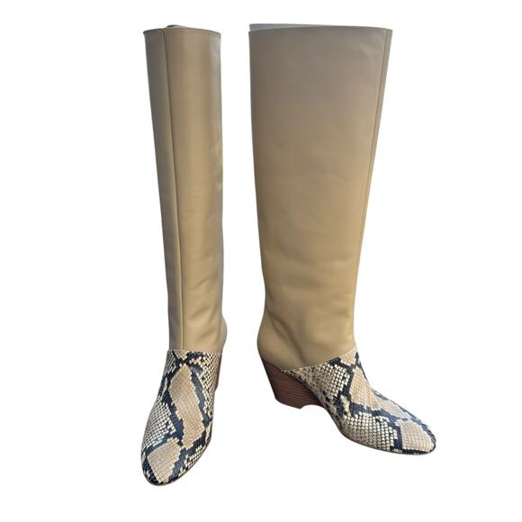 St. John F615001 US 8 / EU 38 Leather Snake Print Knee High Wedge Boots NWT - Picture 1 of 16
